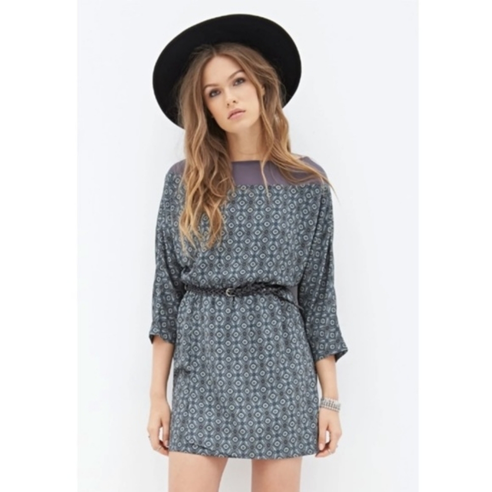 Forever 21 Blue Geometric Boho Mini Dress Mesh Neck Large L